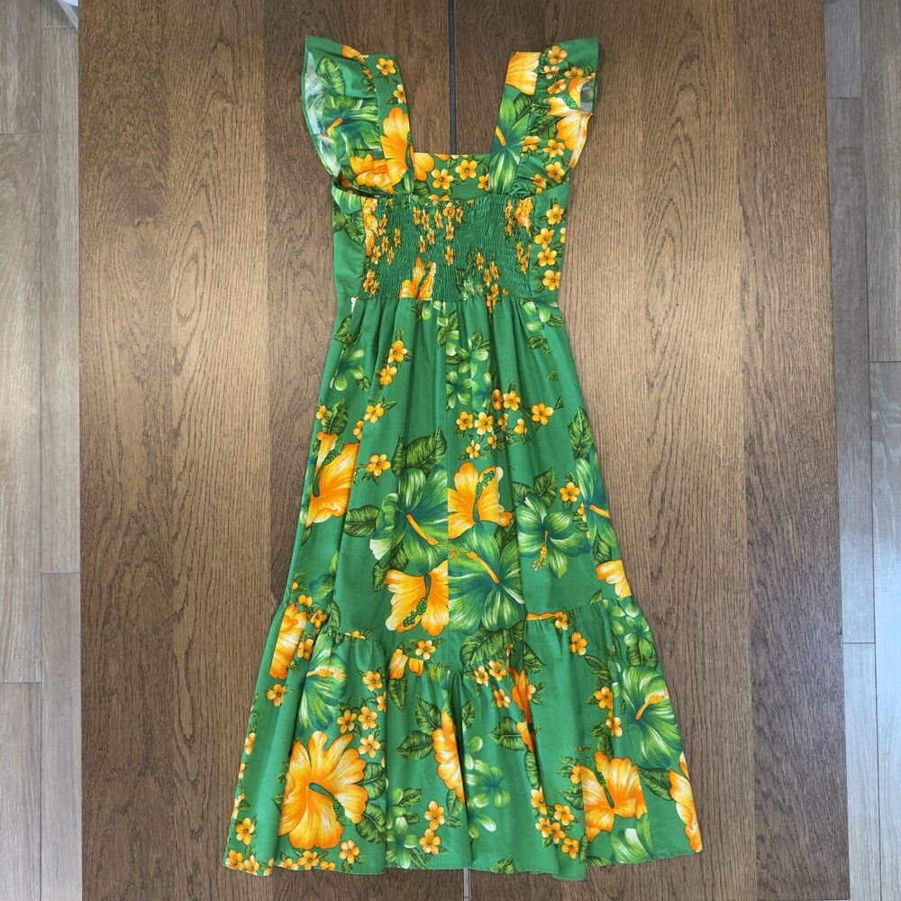 Vintage 70’s Royal Hawaiian Dress Womens M Green Yellow Hibiscus Cotton Smocked - Picture 2 of 5